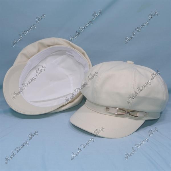 Nón mỏ vịt nữ gắn mặt sắt nơ phía trước, nón beret nữ hàng quảng châu phong cách cổ điển, nón nồi nữ, nón bí ngô, nón beret họa sĩ hàng quảng châu vòng đầu 57-58cm có 2 dây rút giảm size đầu - Kem trắng