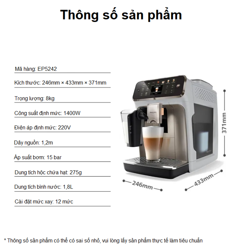 HÀNG CHÍNH HÃNG - Máy pha cà phê tự động Serial 5200 pha 12 loại đồ uống khác nhau. Thương hiệu Hà Lan cao cấp Philips - EP5242/62