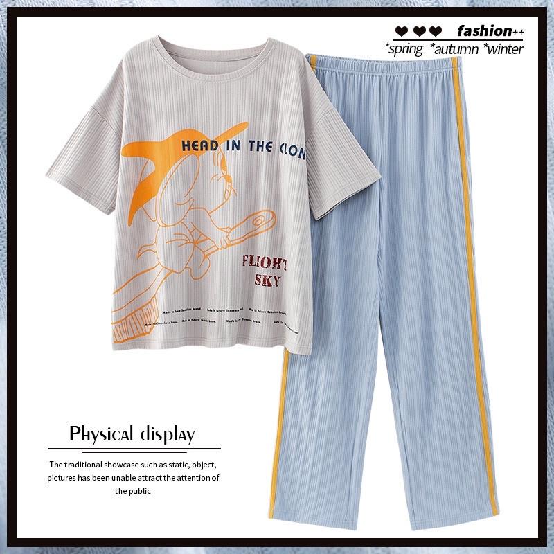 Bộ Mặc Nhà Pyjama Áo Cộc Quần Dài Cổ Tròn Chất Cotton Thấm Hút Co Dãn Mềm Mại