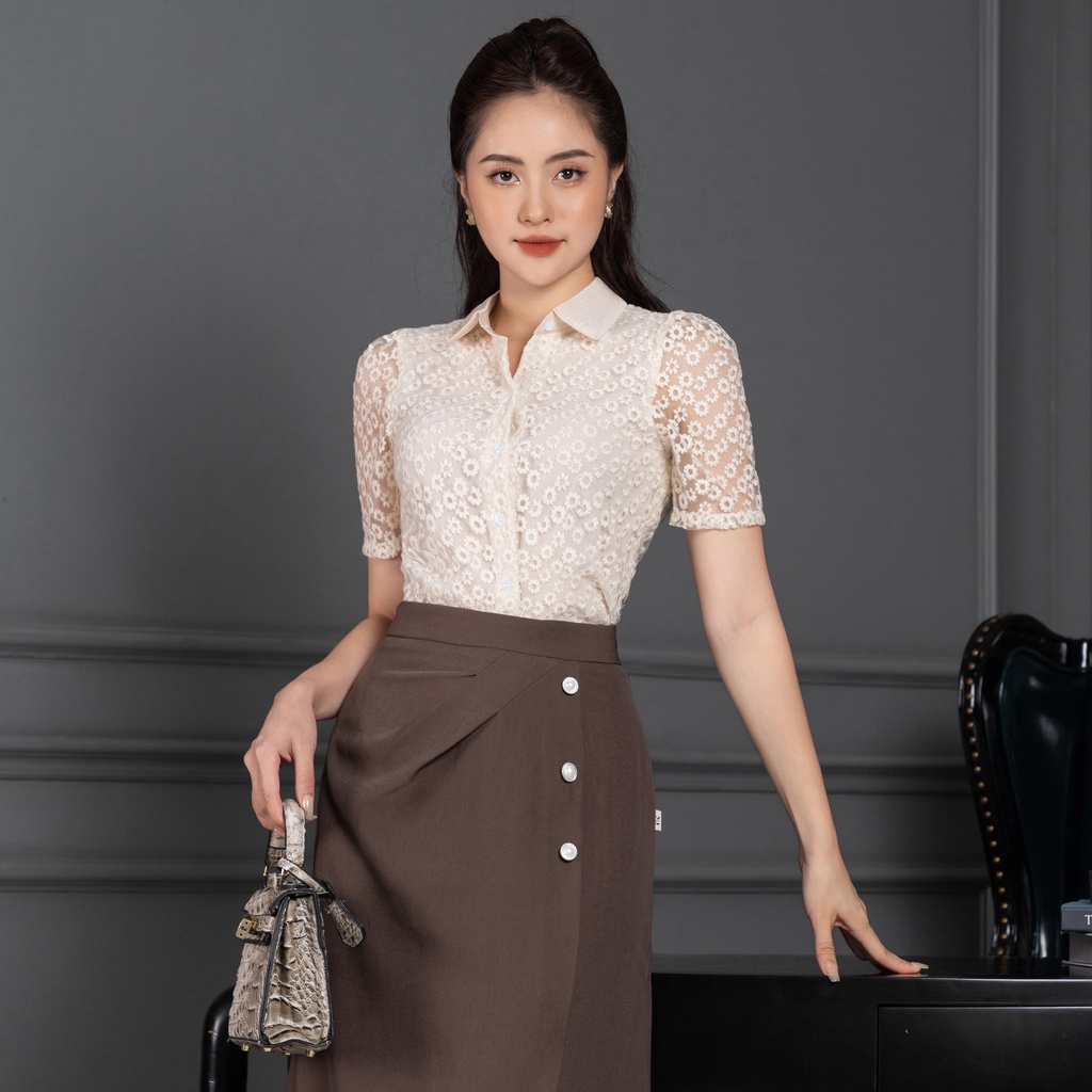 Áo sơ mi cổ đức ngắn tay ren hoa công sở thiết kế thời trang UK Fashion màu kem Hàn Quốc NKSM2206015 không nhăn - M