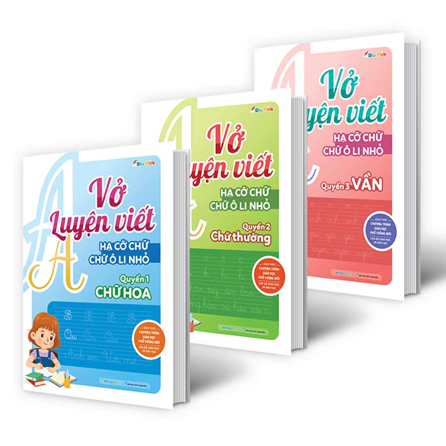 Combo Vở luyện viết hạ cỡ chữ - chữ ô li nhỏ - vần, chữ hoa, chữ thường