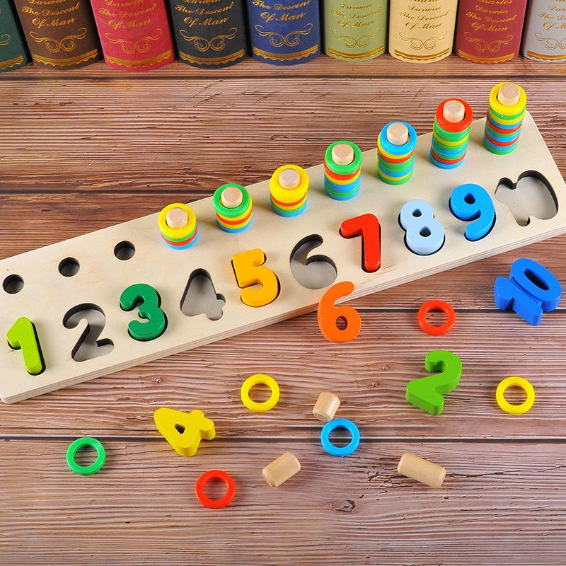 Bộ học đếm bậc thang 10 cột tính bằng gỗ - Bảng gỗ cho bé, bộ học đếm số và xếp hình khối kèm cột tính thả vòng tròn bậc thang giúp phát triển trí tuệ