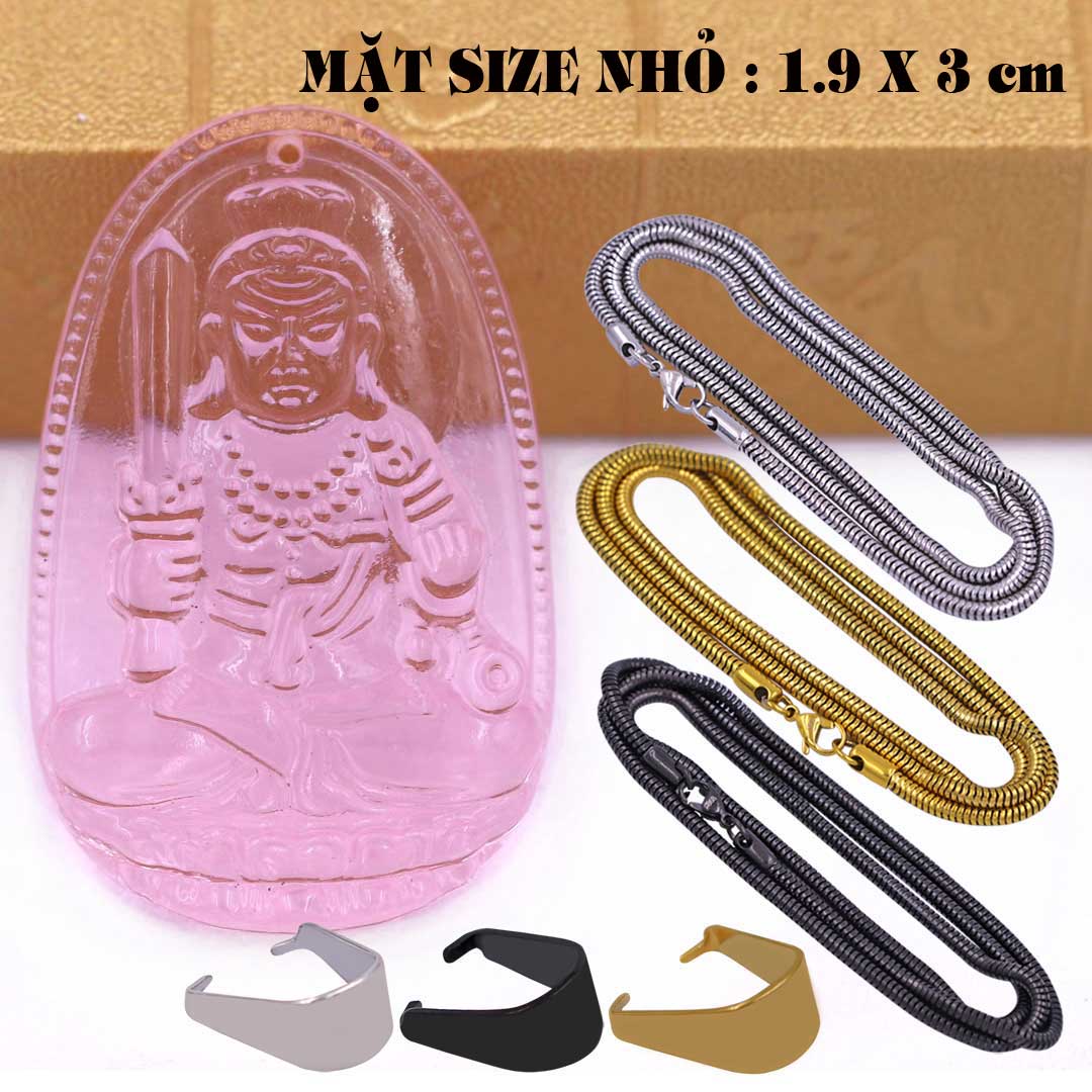 Mặt Phật Bất động minh vương pha lê hồng 1.9cm x 3cm kèm vòng cổ dây chuyền inox rắn vàng + móc inox vàng, Phật bản mệnh, mặt dây chuyền
