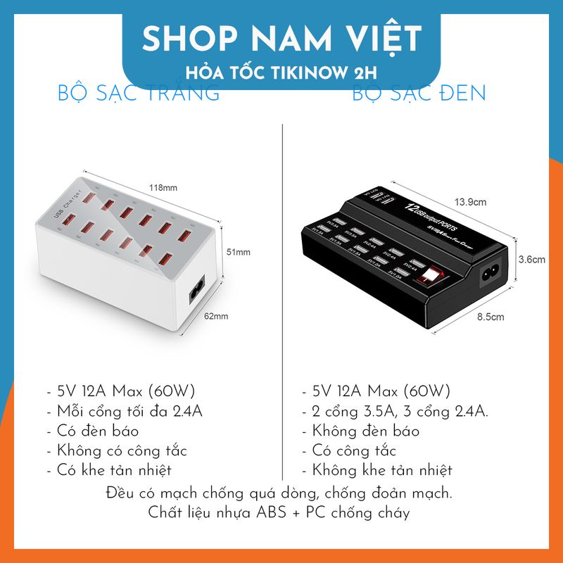 Bộ Sạc USB 12 Cổng Công Suất 60W - Hàng Chính Hãng