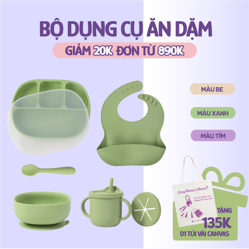 Bộ Ăn Dặm Cho Bé Thương Hiệu Mama's Choice, Combo Ăn Dặm Bát-Khay-Yếm-Thìa-Cốc Silicone Cao Cấp