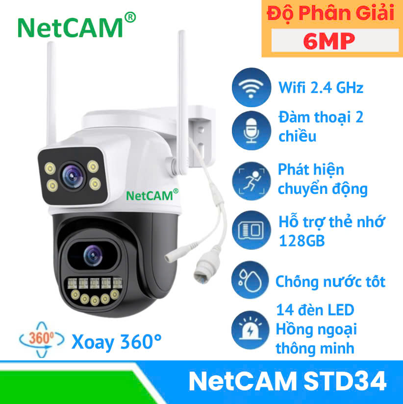Camera Ngoài Trời NetCAM STD34, Quay Quét 360 độ, có Ống Kính Kép với Độ phân giải Siêu Nét 6MP - Hàng Chính Hãng
