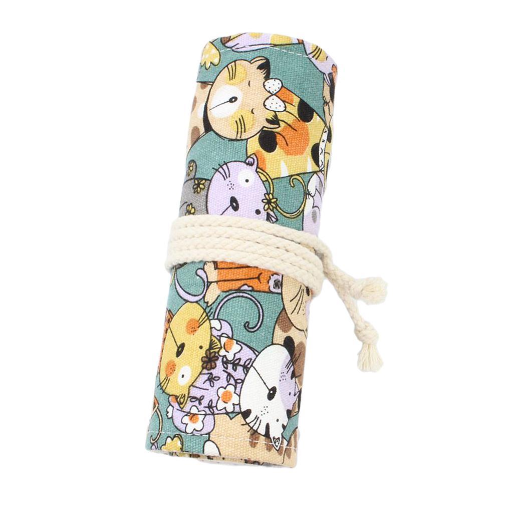 Canvas Pencil Wrap Roll up Case Hold for 36 Colored Pencils, Travel Carrying Organizer Holder,Great for Kids Adult - Cat Patterns