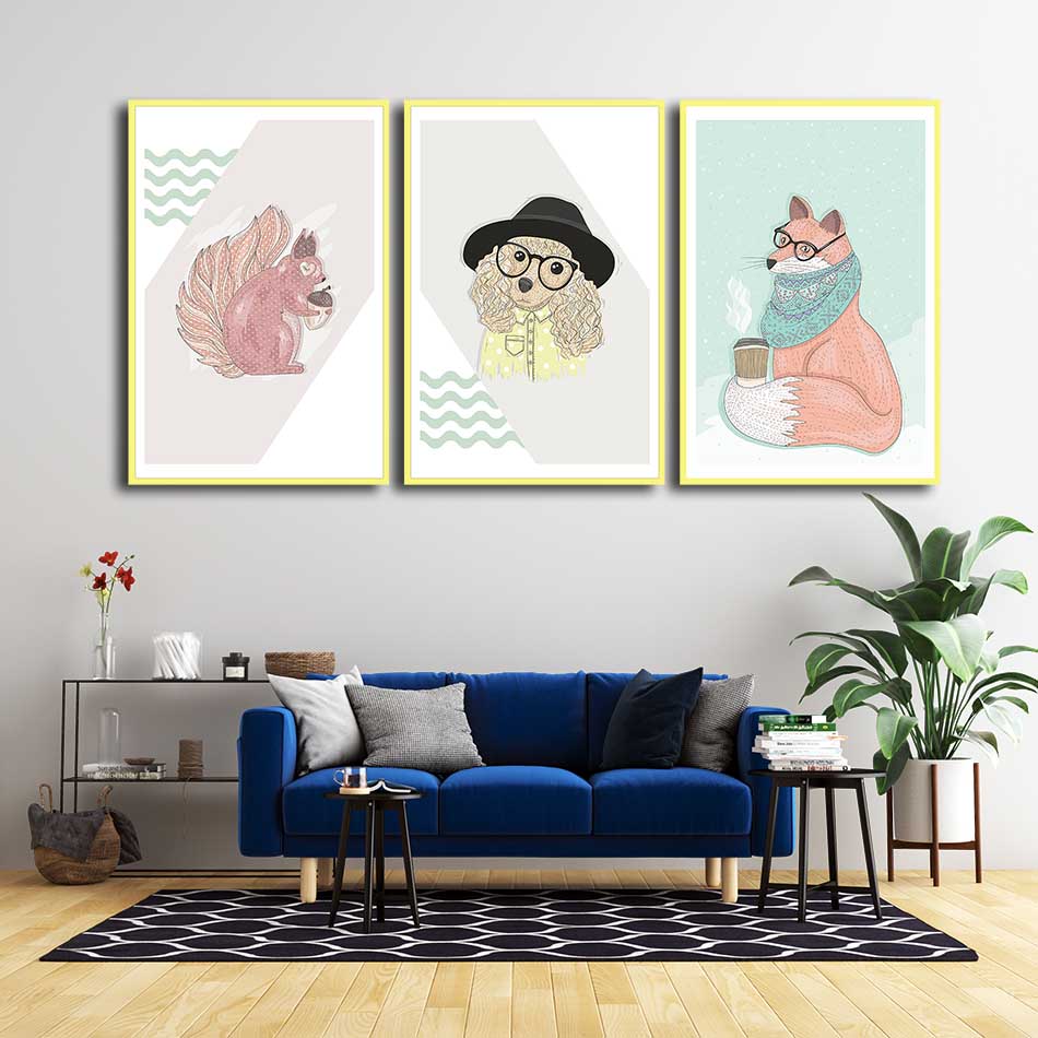 Bộ 3 tranh canvas treo tường Decor động vật dễ thương - DC086