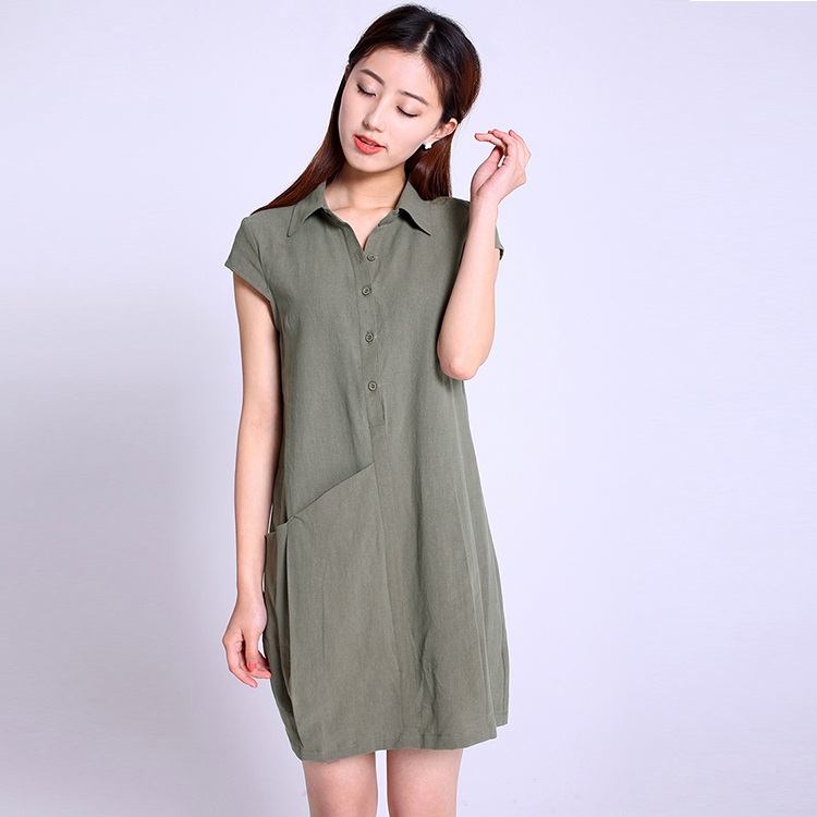 Đầm suông chất đũi cổ sơ mi phối túi bổ trước, chất đũi mềm mát, thời trang xuân hè 2021 - Xanh rêu - M