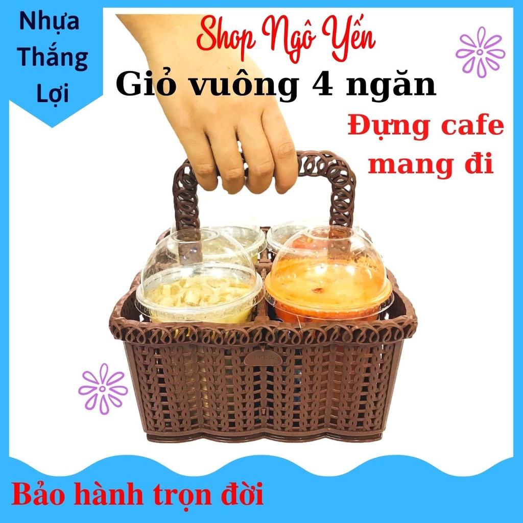 Giỏ nhựa vuông 4 ngăn rổ nhựa có quai xách đựng cafe, trà sữa mang đi, đựng hũ gia vị