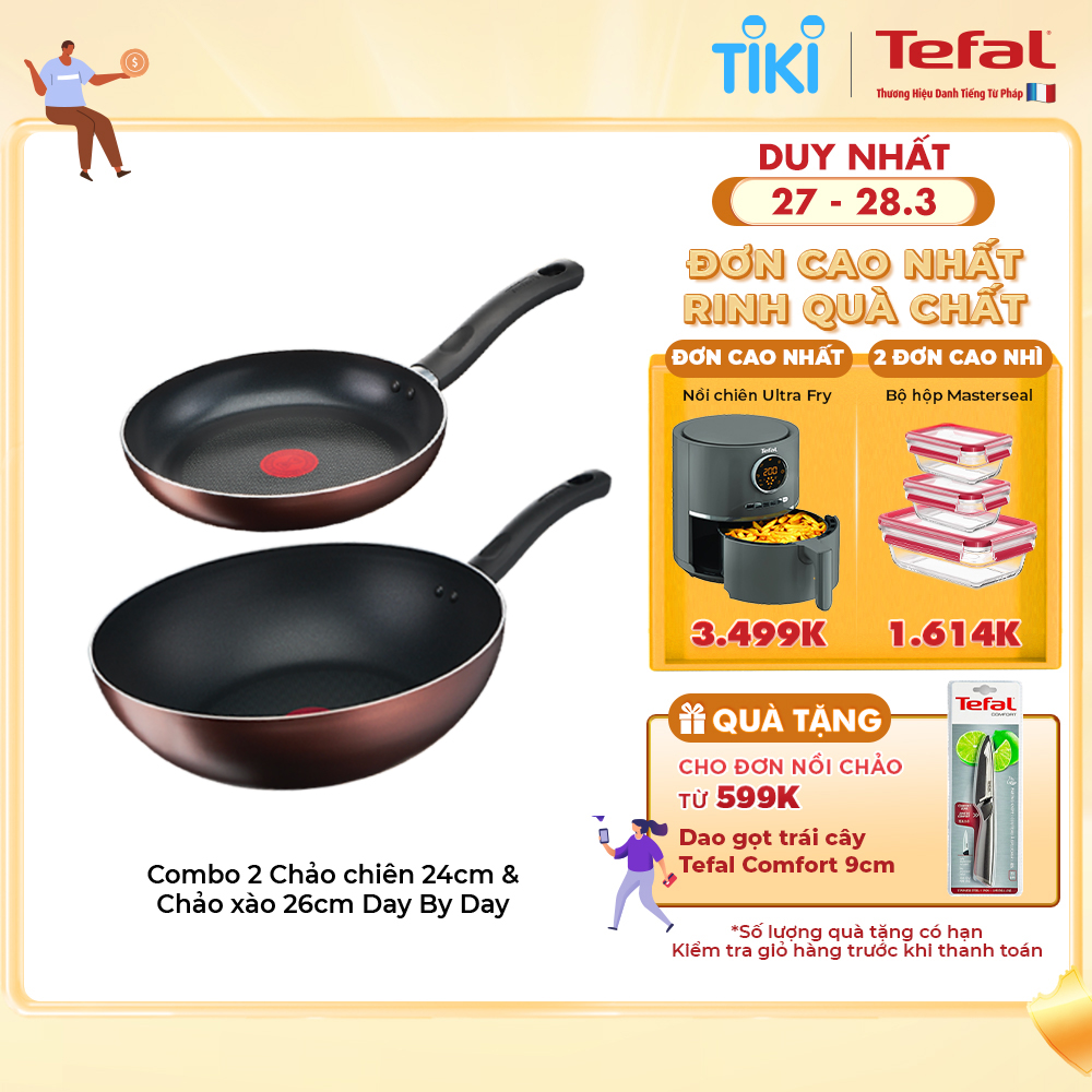 Combo 2 chảo chống dính đáy từ Tefal - Chảo chiên 24cm G1430405 Day By Day & Chảo xào 26cm G1437705 Day By Day - Dùng cho mọi loại bếp - Hàng chính hãng