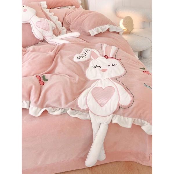 Bộ Chăn Ga Gối Nỉ Nhung Thỏ Hồng Hàng Nhập Khẩu Cao Cấp 5 Món