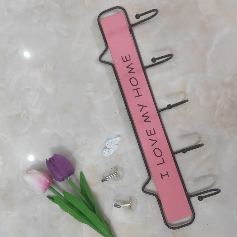 Móc treo đồ trang trí gắn tường chữ I LOVE MY HOME bằng gỗ