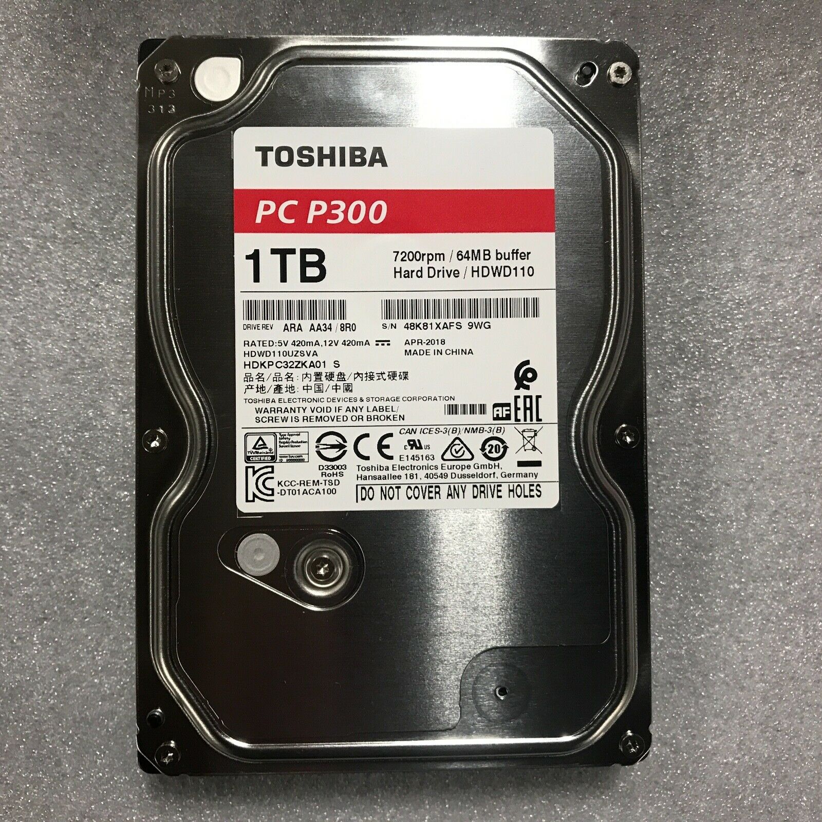 Ổ Cứng HDD Toshiba 1TB P300 series (64MB) 7200rpm SATA3 HDWD110UZSVA - Hàng Chính Hãng