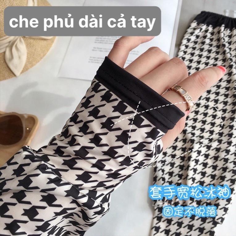 Găng tay chống nắng chống tia UV xỏ ngón dáng rộng vải lụa mát in hoa thời trang - Kanta store