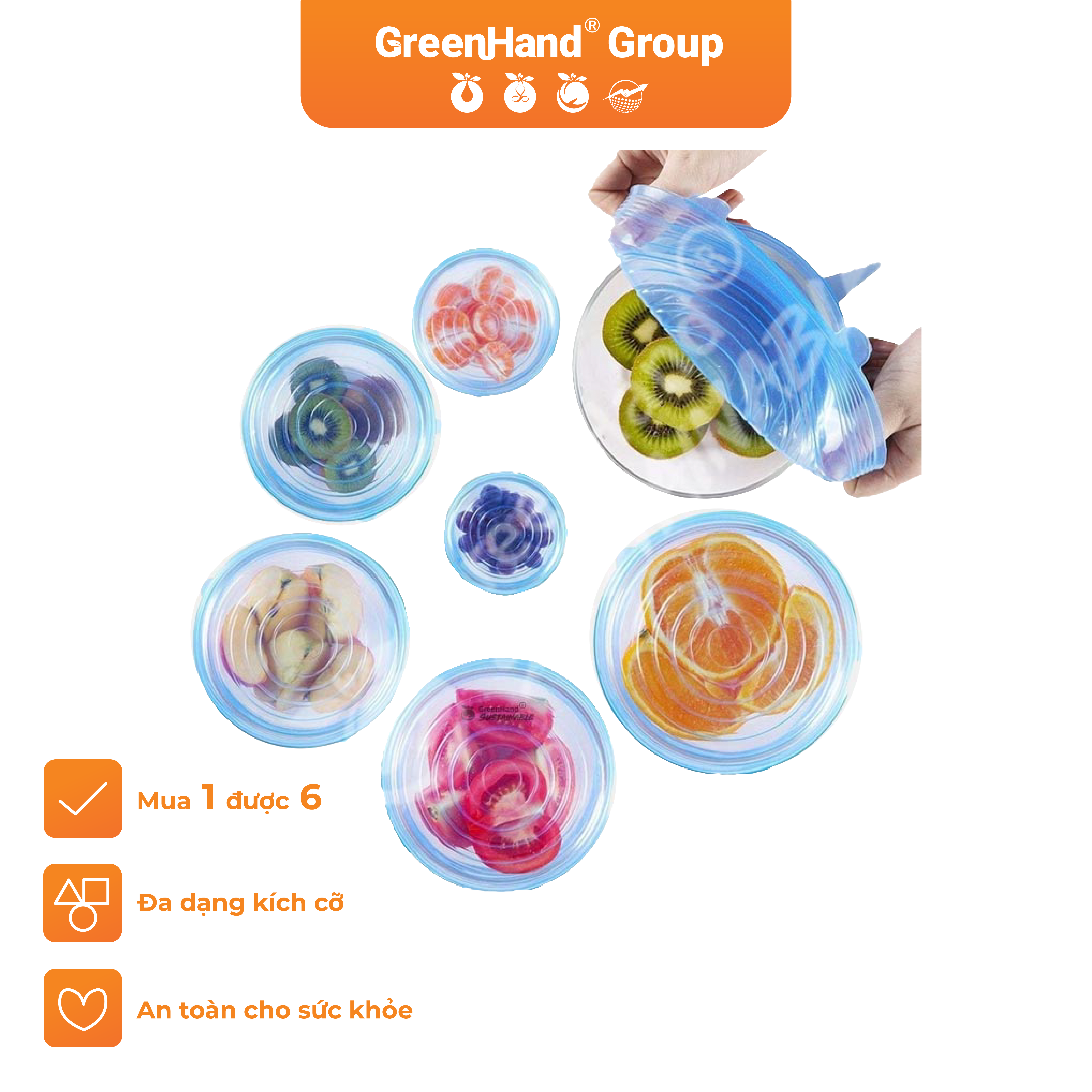 Bộ 6 nắp bảo quản thực phẩm silicone GreenHand cao cấp, an toàn