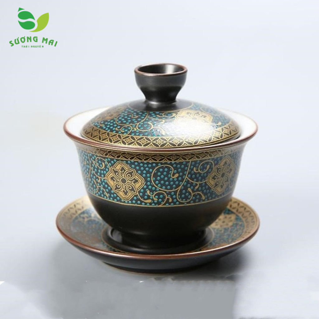 Bộ ấm chén pha trà 10 món xanh vàng đen