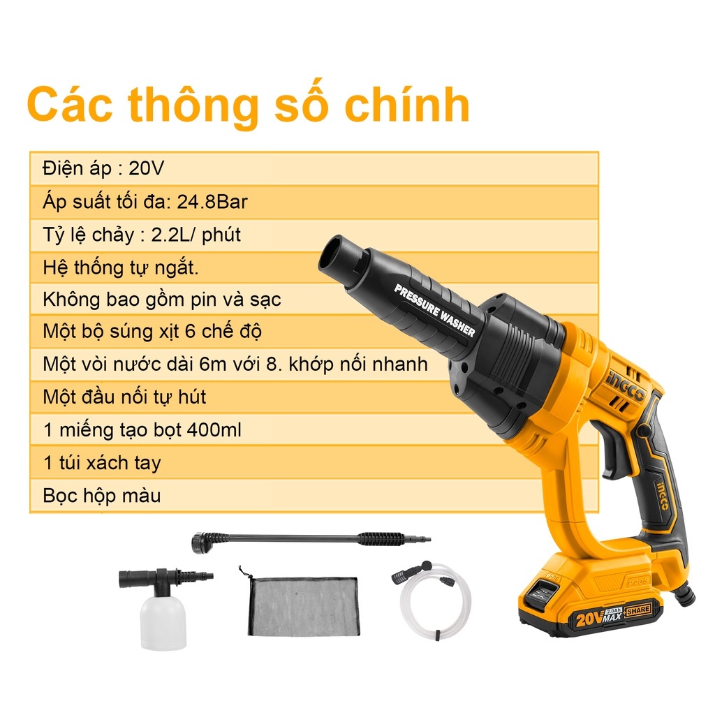 Máy rửa xe ô tô, xe máy dùng pin INGCO CPWLI2008 (Chưa bao gồm pin và sạc đi kèm)