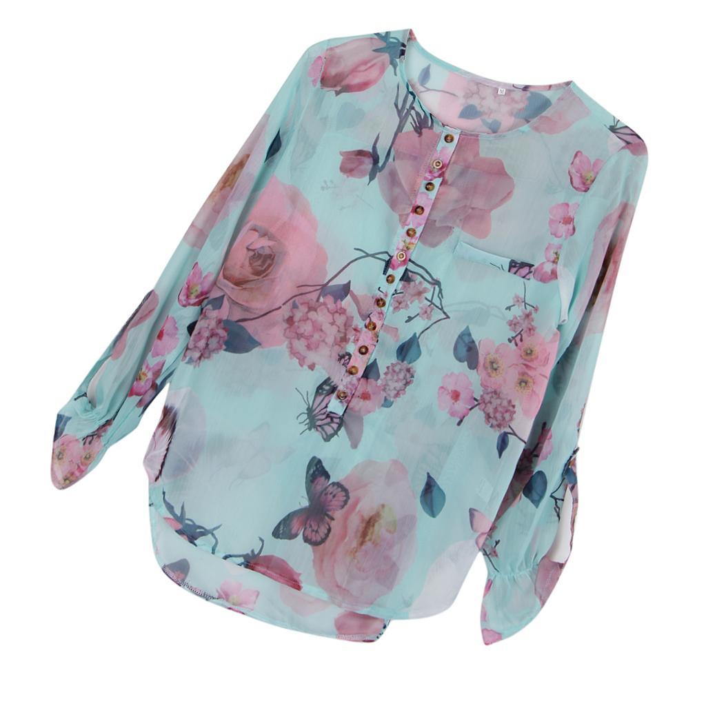 Fashion Bohemian Women’s Long Sleeves Butterfly Floral Print Chiffon Shirt Button Tops Blouse Plus Size