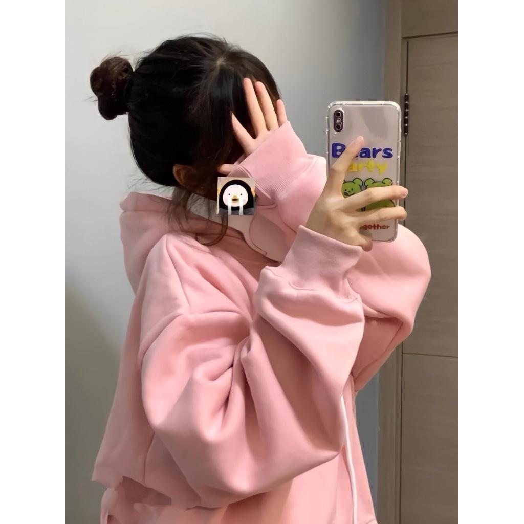 Áo Hoodie Nỉ Hồng GREENGUN Dáng Rộng In Chữ Mũ Trùm