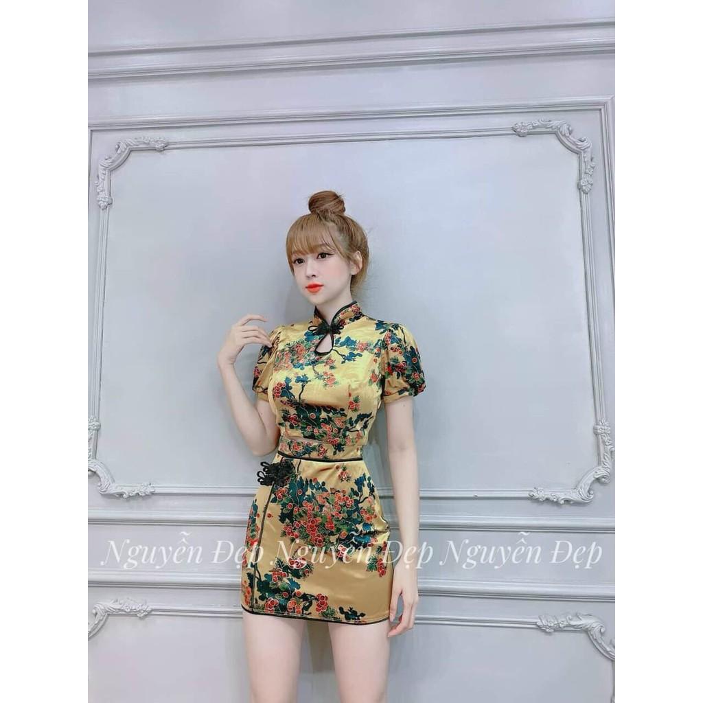 Set Bộ Áo Cổ Tàu in Hoa Cao Cấp Kèm Chân Váy Viền Siêu Xinh