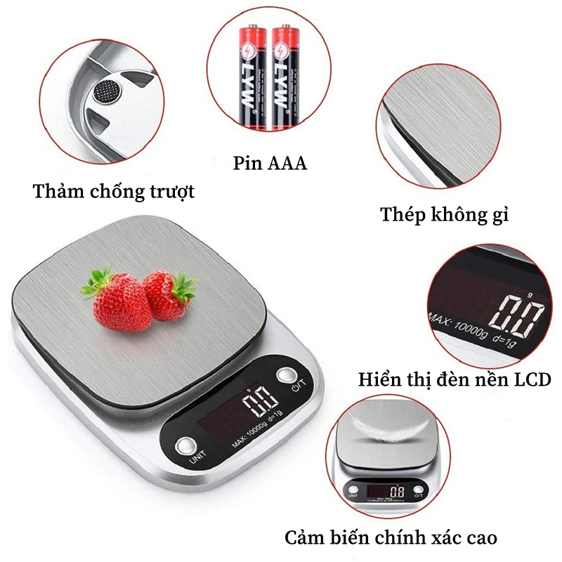 Cân tiểu ly điện tử nhà bếp mini định lượng 0.1g - 10kg làm bánh, độ chính xác cao cân thực phẩm, sử dụng 2 viên pin