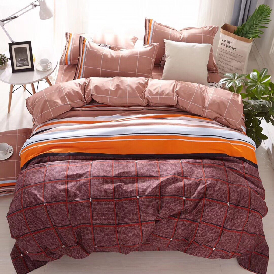Bộ chăn ga gối cotton PL1 - Kẻ Vuông Đỏ - Tặng kèm 1 móc khóa Houston