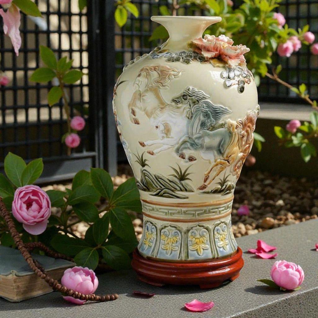 [TẶNG ĐẾ] Mai bình hút lộc RỒNG VIỆT  Mã Đáo Thành Công - Bình hút lộc gốm bát tràng Bát Mã đắp nổi