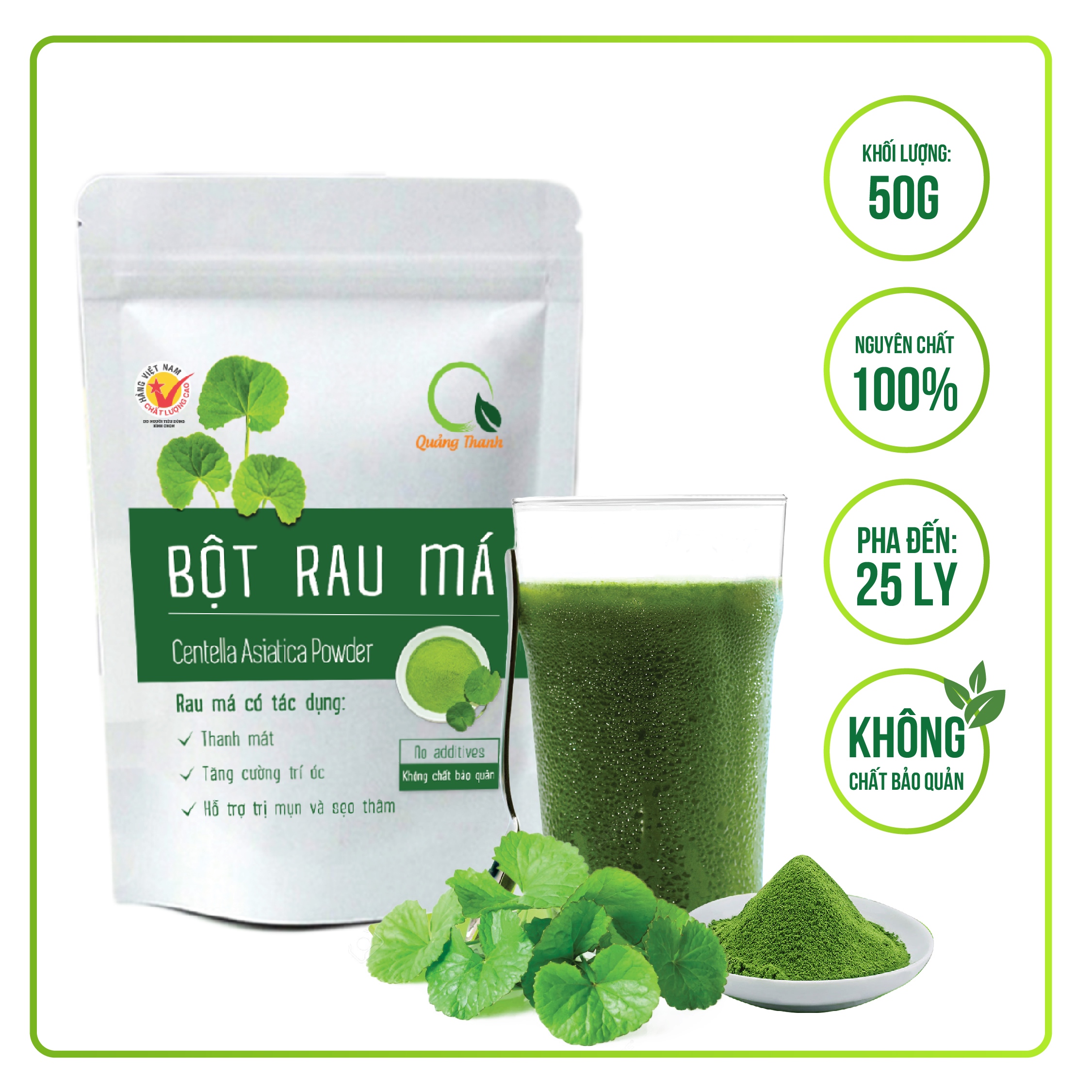 Bột Rau Má Quảng Thanh Nguyên Chất Sấy Lạnh - Thanh nhiệt, mát gan, giảm mụn - Gói 50 gr