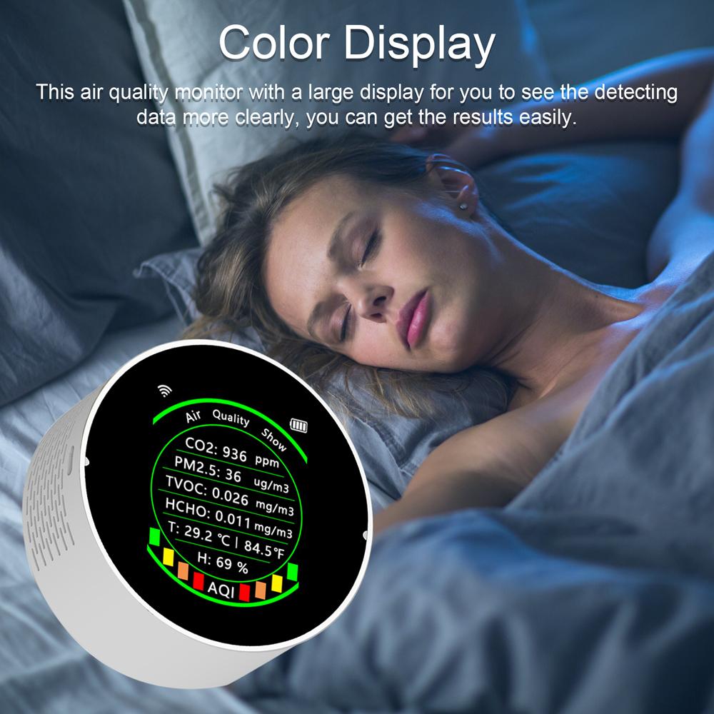 Tuya Wifi 7in1 Máy đo chất lượng không khí đa chức năng PM2.5 CO2 TVOC HCHO AQI Máy kiểm tra độ ẩm nhiệt độ Màn hình màu di động Máy dò khí carbon dioxide với chức năng ngưỡng báo động