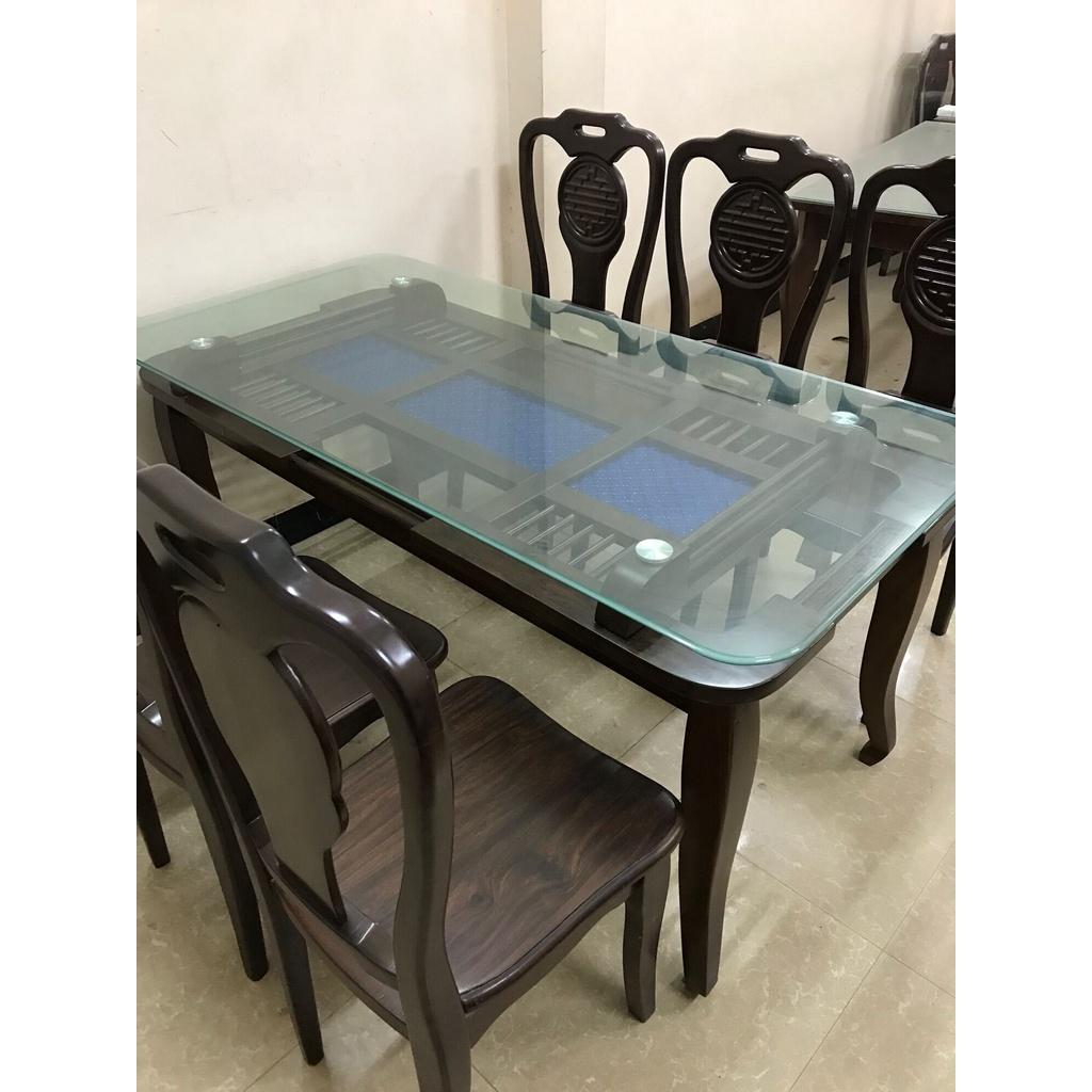 Bàn Ghế Ăn Mặt Kính 2 Tầng Gỗ Tự Nhiên Cao Cấp