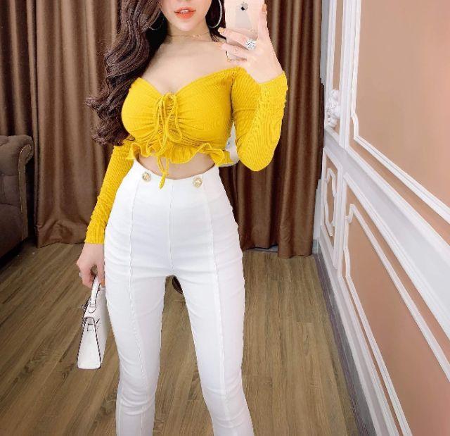 Sét áo croptop trễ vai quần lưng cao