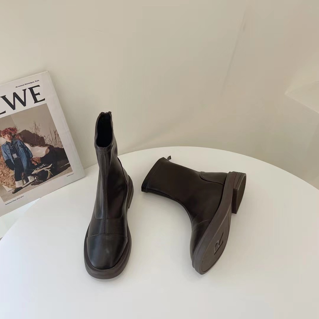 ỚI VỀ CÓ SẴN - ẢNH THẬT Giày bốt nữ cổ ôm mũi tròn đế 3cm da mềm màu đen trắng nâu khóa sau cao cấp