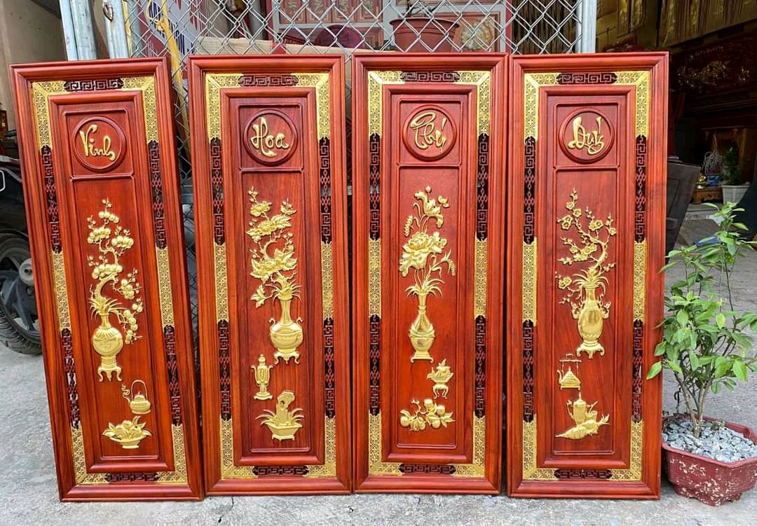 Tranh đông bích tứ quý bốn mùa ,xuân hạ ,thu đông ,trong năm bằng gỗ hương đỏ kt 37×107×3cm