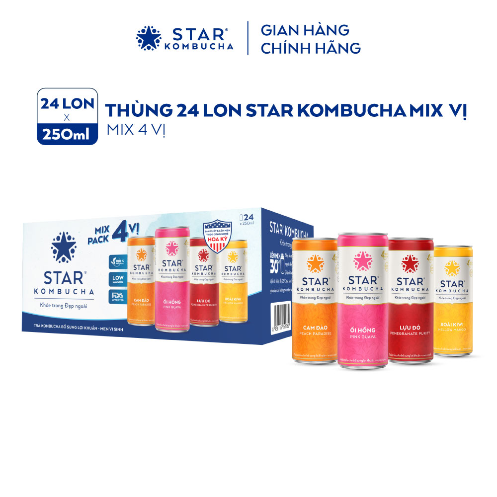 [BAO BÌ XUÂN 2024] Thùng 24 lon trà lên men Star Kombucha mix 4 vị (250ml/lon)