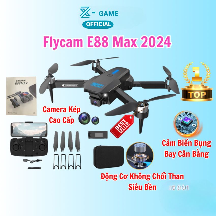 Máy Bay Flycam Camera 4K E88 Max 2024 Cao Cấp Động Cơ Không Chổi Than Siêu Bền Tránh Va đập, 2 Camera có cảm biến bụng giữ thăng bằng khi bay - Hàng Chính Hãng  - Bản 1 pin