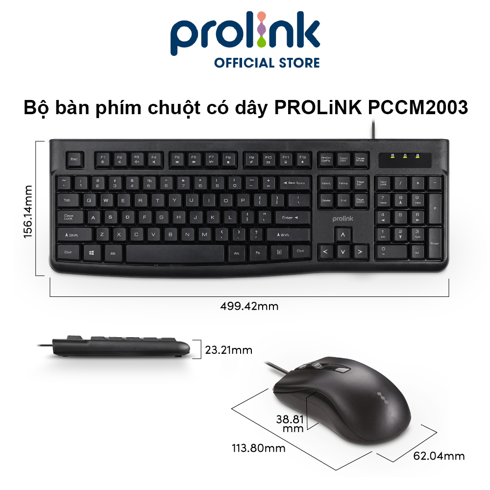 Bộ bàn phím chuột có dây PROLiNK PCCM2003 Fullsize cao cấp, chống thấm nước, độ nhạy cao dành cho máy tính, Laptop - Hàng chính hãng