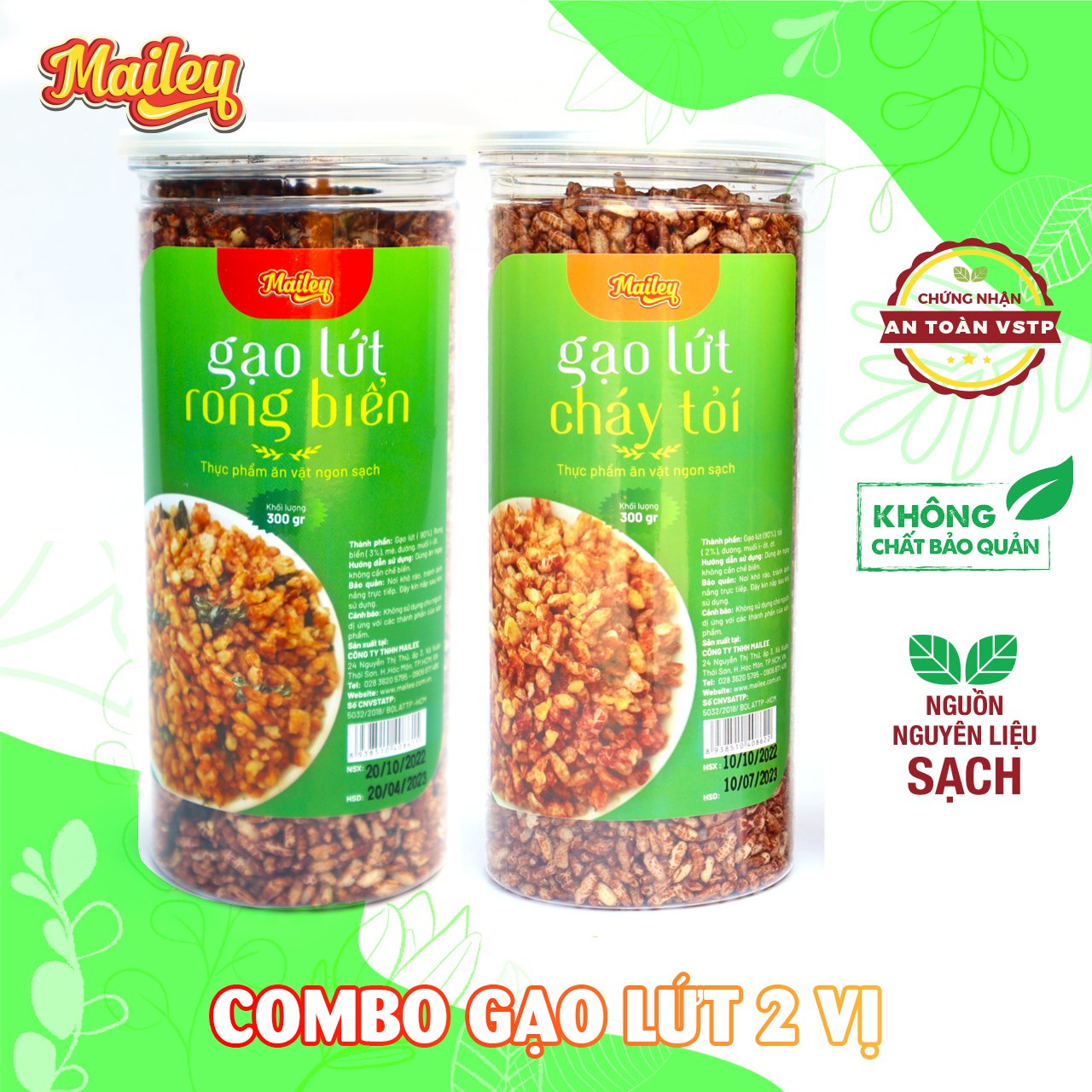 Combo cốm gạo lứt cháy tỏi và cốm gạo lứt rong biển ăn liền Mailey hũ 300g