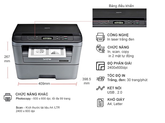 Máy In Brother DCP-L2520D, Đa Chức Năng (In/ Scan/ Copy), Laser Trắng Đen, In Đảo Mặt - Hàng Chính Hãng