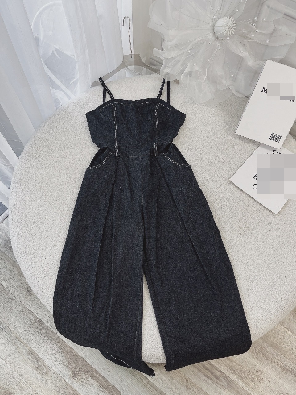 JUMPSUIT 2 DÂY ĐEN TRƠN CỔ U QUẦN DÀI ỐNG RỘNG ĐỒ BAY LƯNG CAO ĐI BIỂN DẠO PHỐ ĐI CHƠI