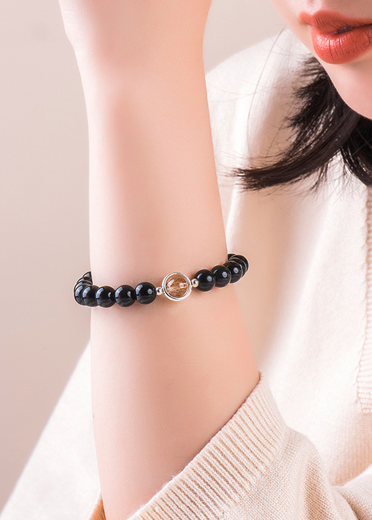 Cặp vòng nam nữ đá Obsidian charm thạch anh tóc vàng - Ngọc Quý Gemstones