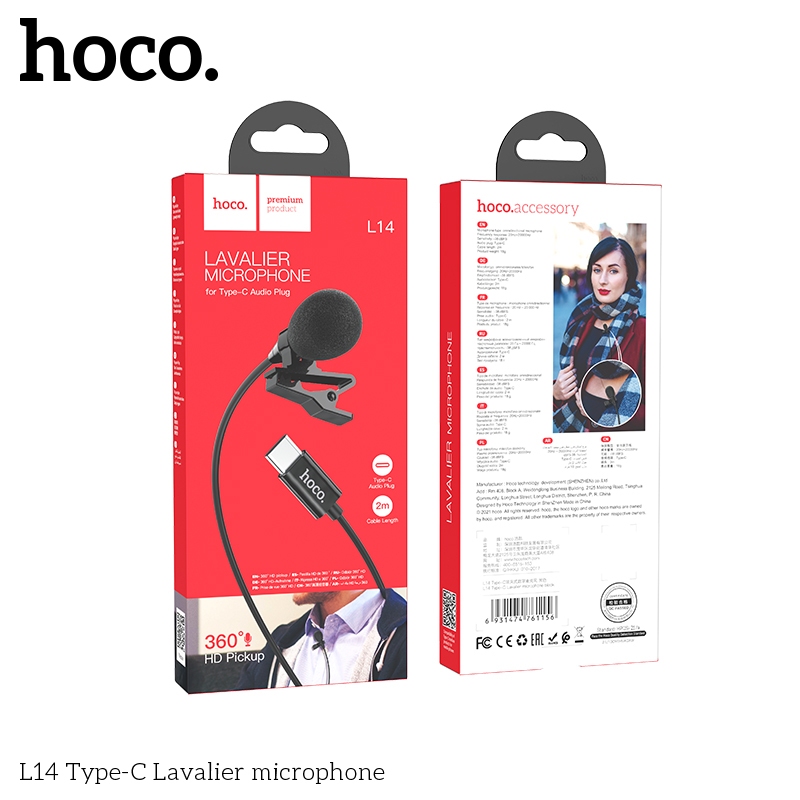 Micro thu âm có kẹp cài áo chân cắm 3.5m / type C hoco L14  cho điện thoại / laptop - Hàng chính hãng - Chân type-C