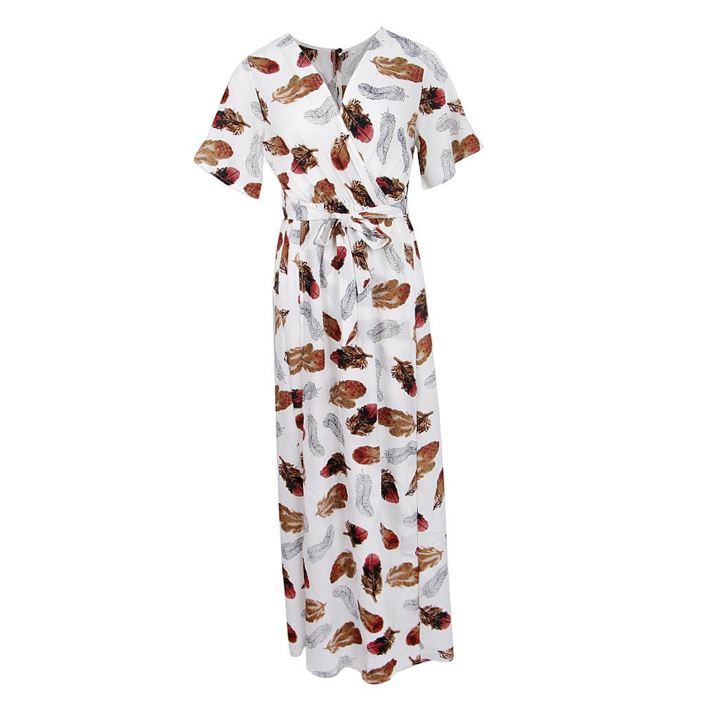 Women's Floral Split Long Dresses Summer Print Beach Holiday Maxi Dress Tea Dress with Waist Belt