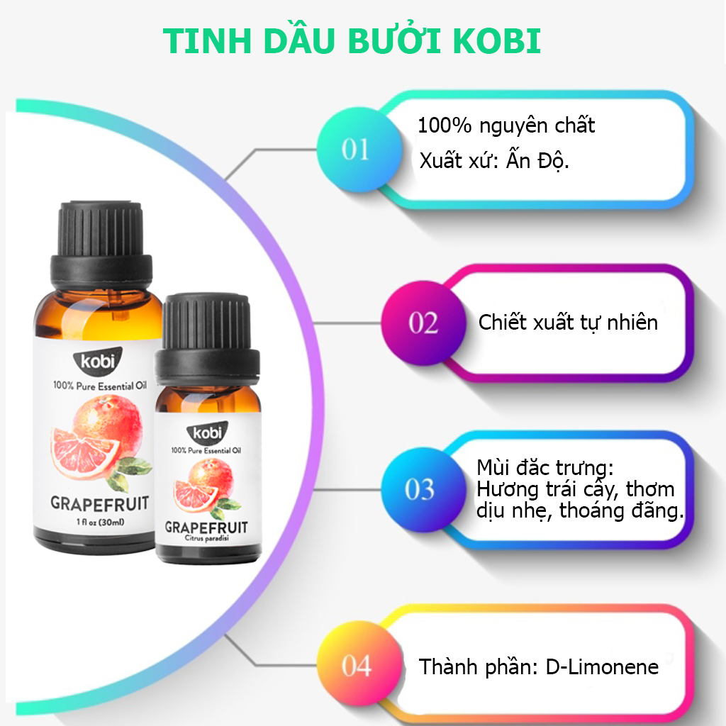 Combo Tinh Dầu Sả Chanh Kobi (50ml) + Tinh Dầu Bưởi Hồng Kobi (50ml) Nguyên Chất