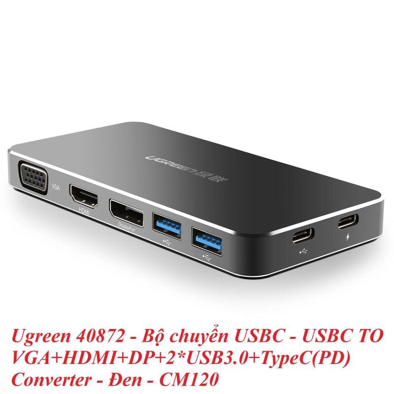 Ugreen UG40872CM120TK Màu Đen Bộ chuyển đổi TYPE C sang 2 USB 3.0 + DP + HDMI + VGA + chuyển dữ liệu + nguồn TYPE C - HÀNG CHÍNH HÃNG