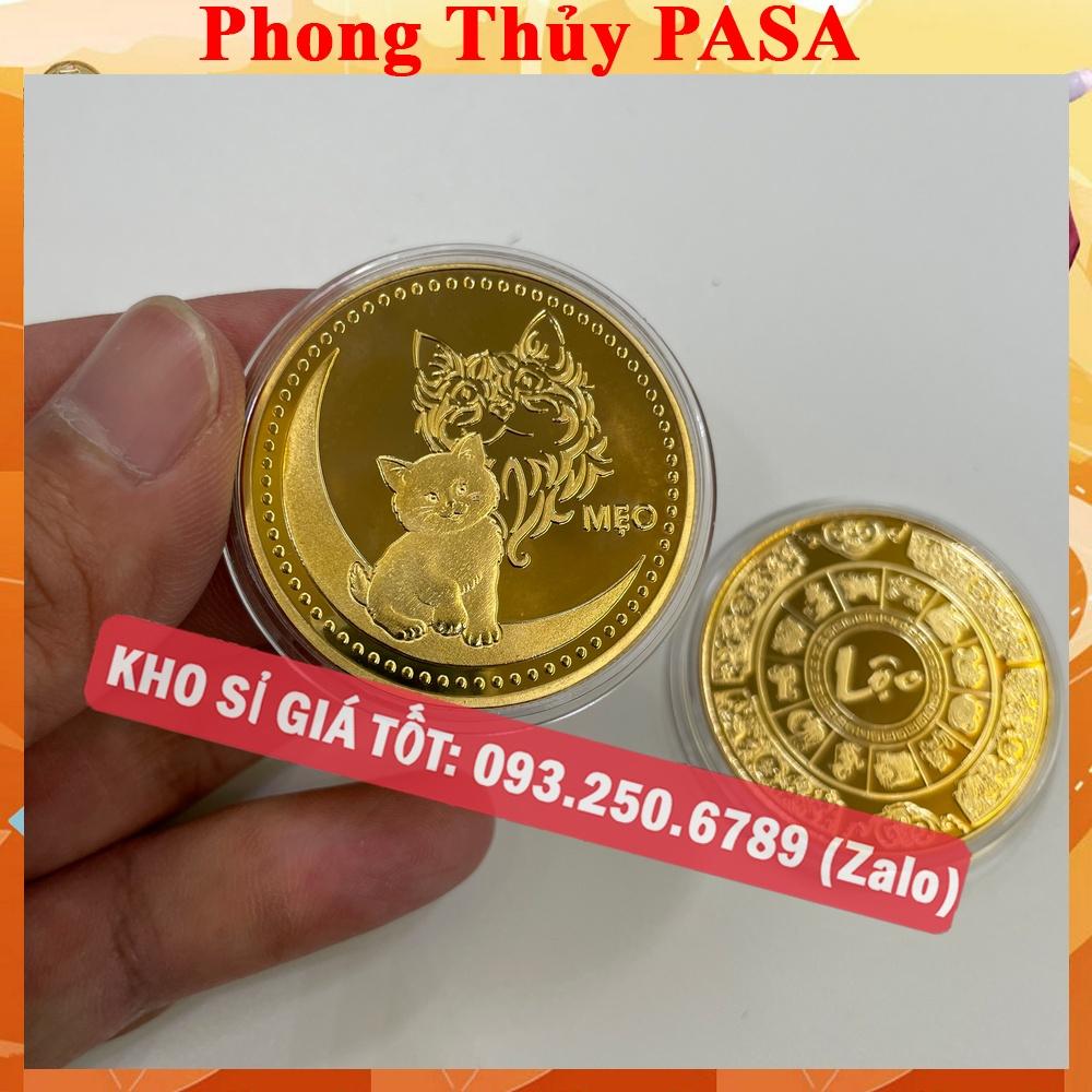 Đồng Tiền Xu Mèo Vàng Lì Xì Tết - mặt sau chữ lộc chiêu tài , tặng kèm túi nhung đỏ PHÚC