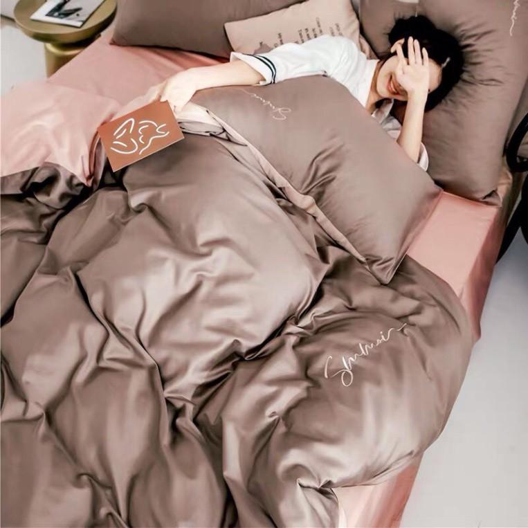 Trọn Bộ Chăn Ga Gối 5 món Lụa Telcel 40s Cao Cấp Sumoi - Thương hiệu LAN PHAM BEDDING - Màu Nâu