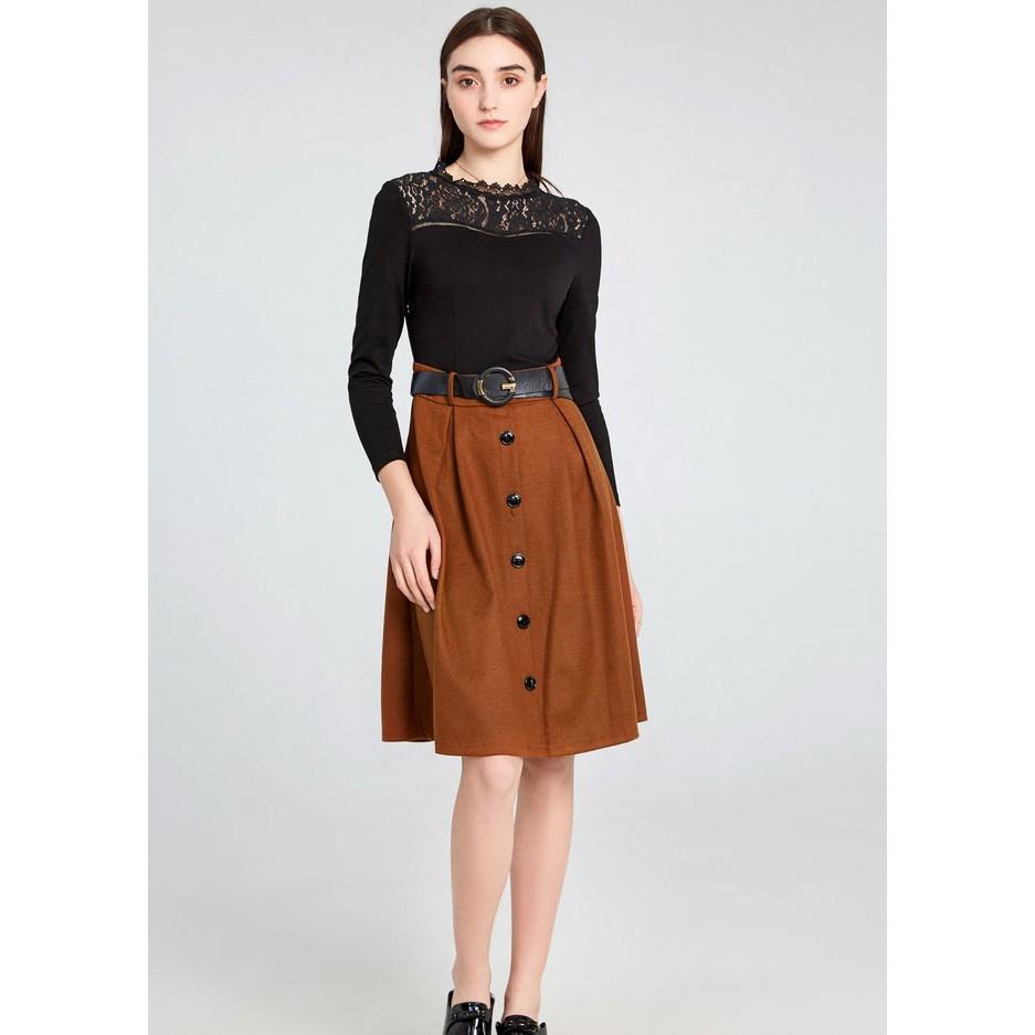 Đầm xòe mùa thu cổ ren kèm belt, chất liệu thun cotton kết hợp nhung dày dặn, hàng nhập Quảng Châu
