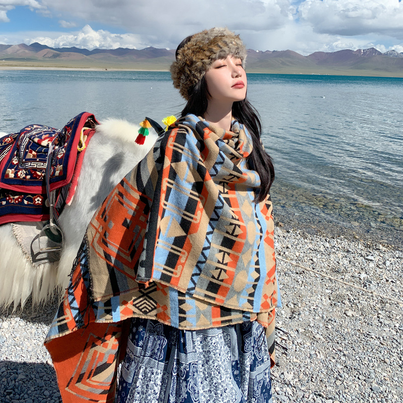 Khăn Áo Choàng Len Dạ Boho Họa Tiết Thổ Cẩm Dày Ấm