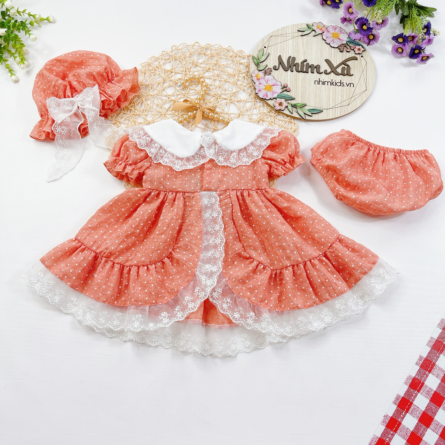 Váy Lolita Hồng Pastel Cho Bé Gái Sơ Sinh Đến 15kg Chất Đũi Xốp Mát Rượi